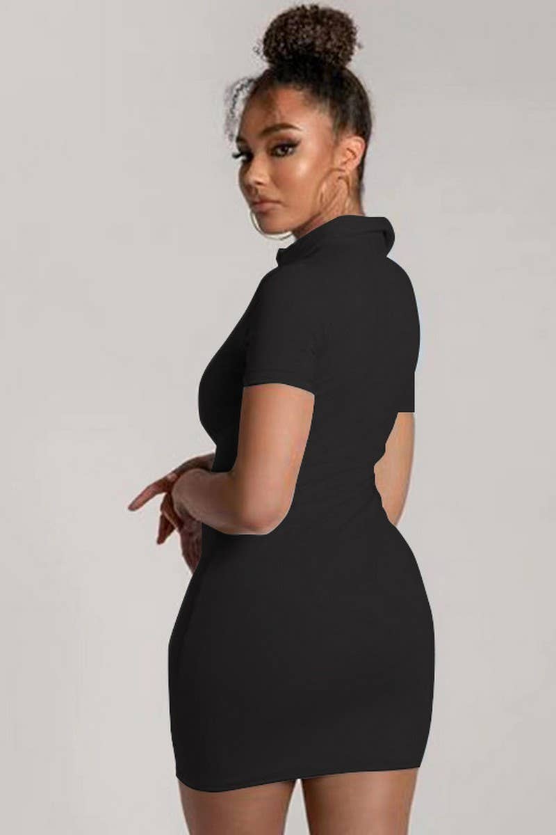 CWDSD7459_RIBBED DEEP V LAPEL SHORT SLEEVE BODYCON DRESS