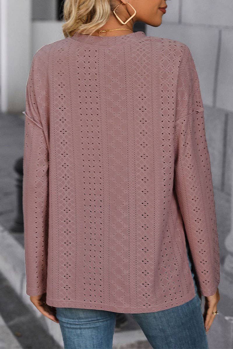 CWTBLL1238_LONG SLEEVE SOLID COLOR KNIT JACQUARD TOP