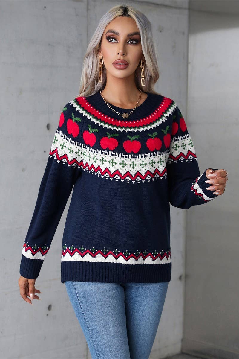 CWOSWL5759_JACQUARD CREW NECK CHRISTMAS KNITTED SWEATER