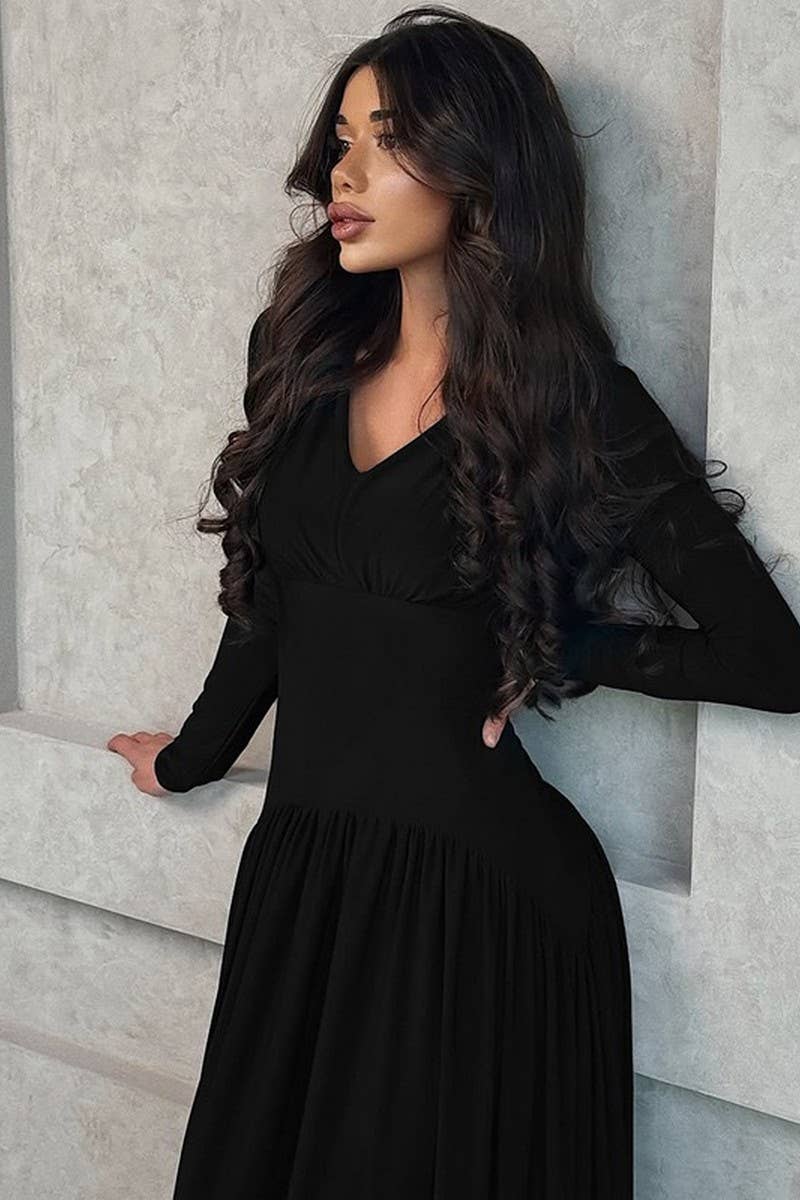 CWDMD01205_V NECK RUCHED WAIST SOLID MAXI DRESS