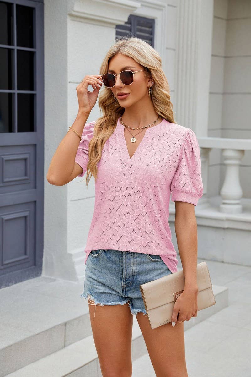 CWTTS0842_V-Neck Short Sleeve Knit Top