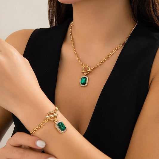 SIMPLE GREEN GEMSTONE NECKLACE BRACELET SET_CWAJE1168