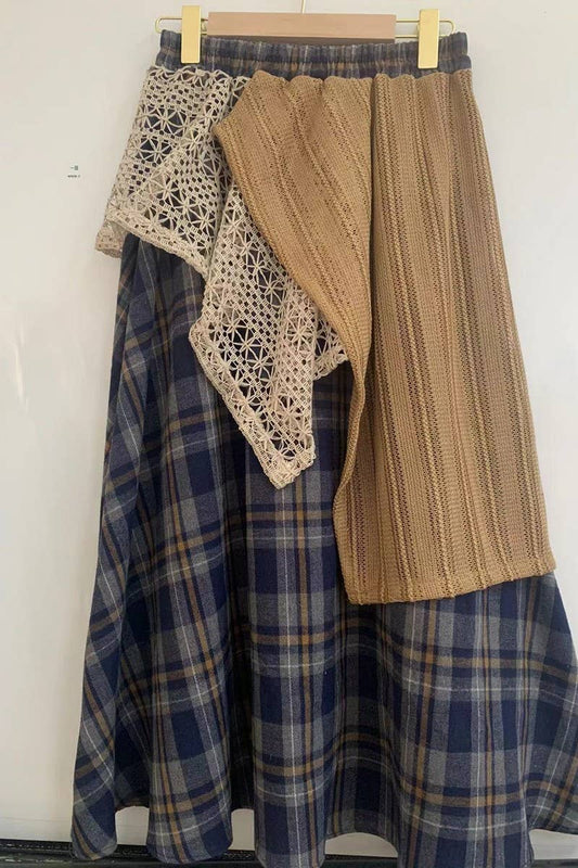 CWBLS00710_VINTAGE PLAID LACE HIGH WAIST A-LINE SKIRT