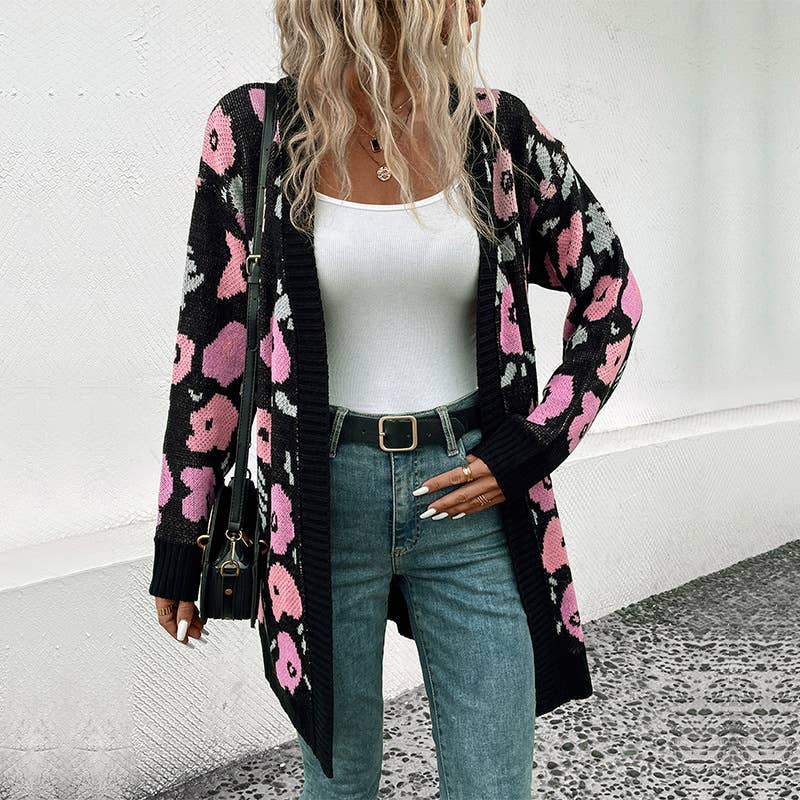 Contrast color flower jacquard long cardigan