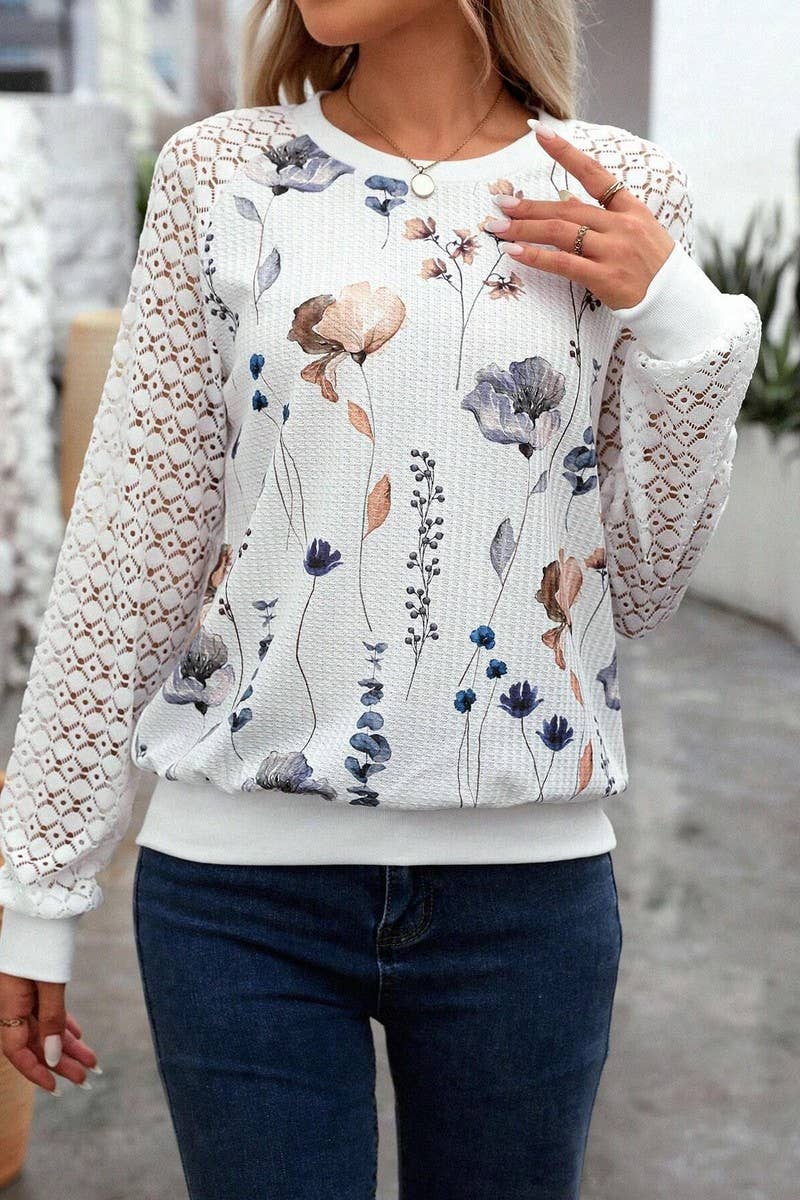 CWTBLL3547_WAFFLE FLORAL PRINT LACE LONG-SLEEVED TOP