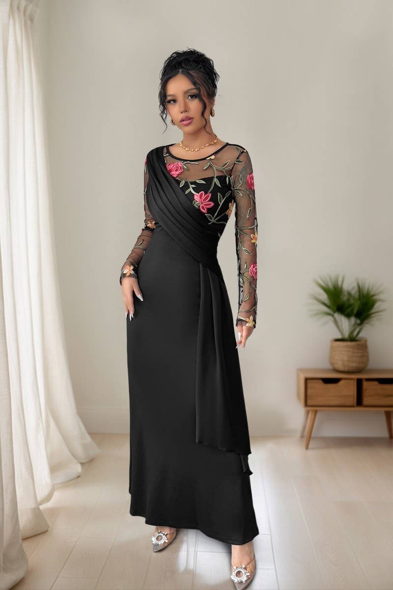 CWDMD6301_VINTAGE MESH EMBROIDERED LONG SLEEVE DRESS