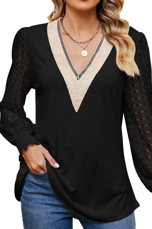 CWTBLL3665_V-NECK LACE PATCHWORK LONG SLEEVED LOOSE TOP