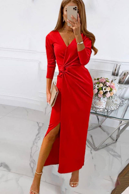 CWDMD4157_SOLID COLOR V-NECK MID-WAIST WRAP DRESS