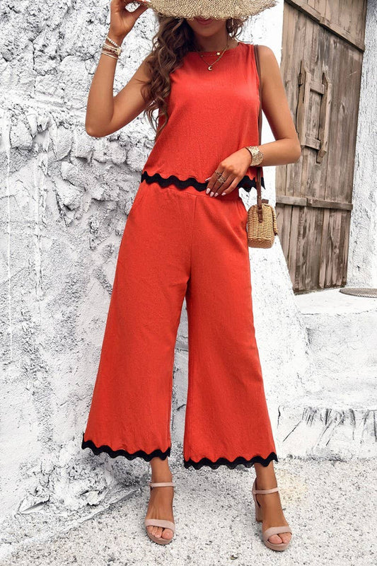 CWSTB0450_Round Neck Sleeveless Top Cropped pants Set