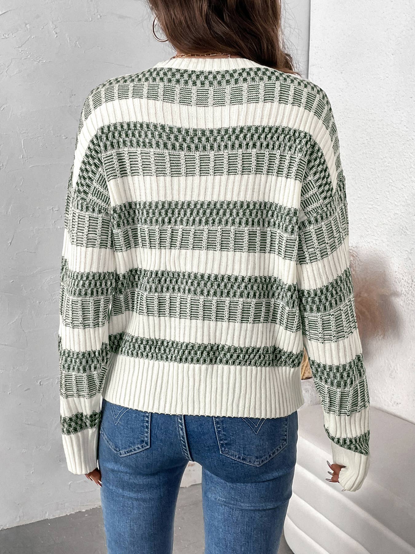 CASUAL STRIPED COLOR CREW NECK PULLOVER SWEATER
