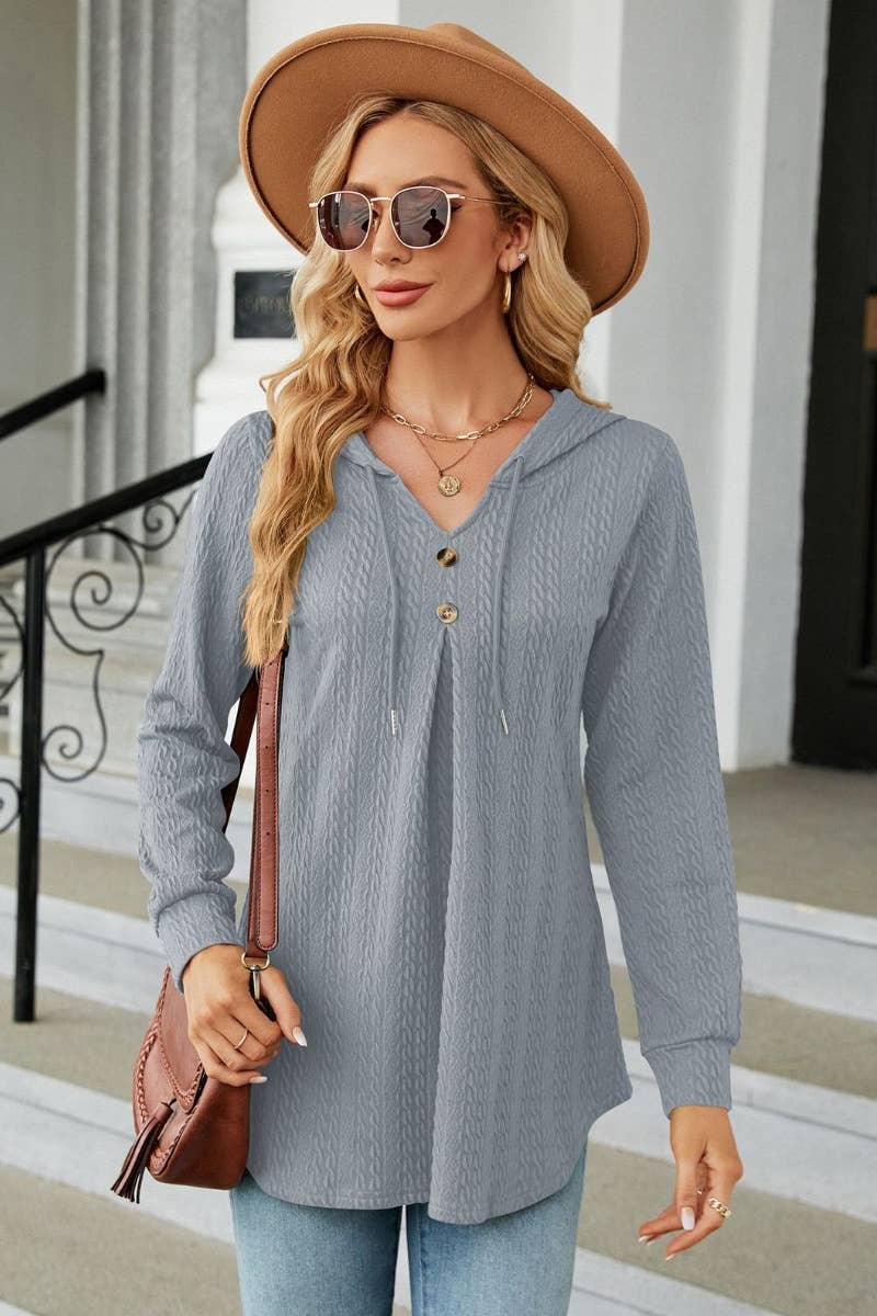 CWTBLL2794_FALL V-NECK HOODED LONG-SLEEVED KNIT TOP