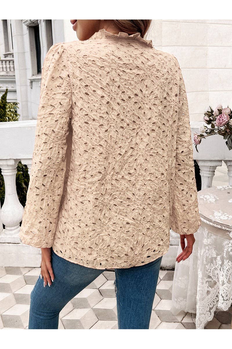 CWTBLL1140_Fashion Woven Hollow Puffy Sleeve Blouse