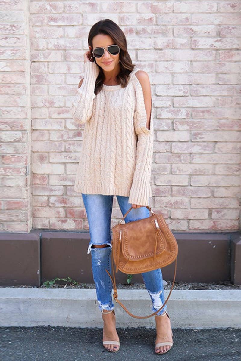 CWOSWL6650_CREW-NECK OFF-SHOULDER LONG-SLEEVED SWEATER