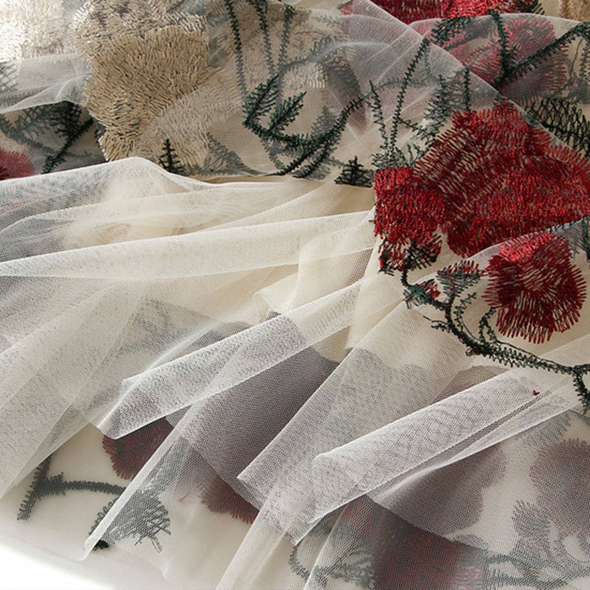Vintage Floral Embroidered Tulle Midi Skirt