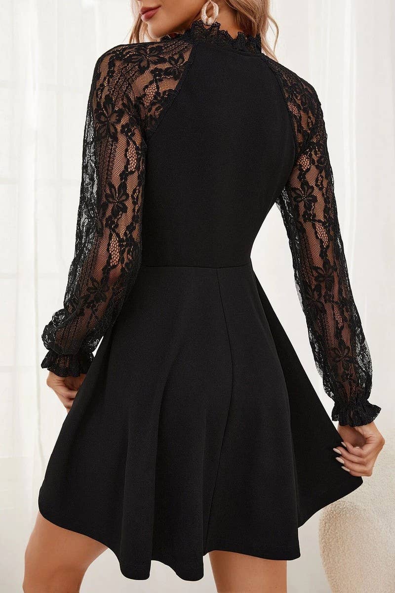 CWTBLS1526_BLACK LACE PATCHWORK LONG SLEEVE DRESS