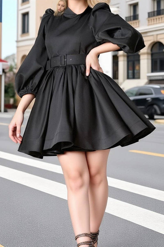CWDSD10900_WOMEN PUFF SLEEVE WAIST SLIM ELEGANT DRESS