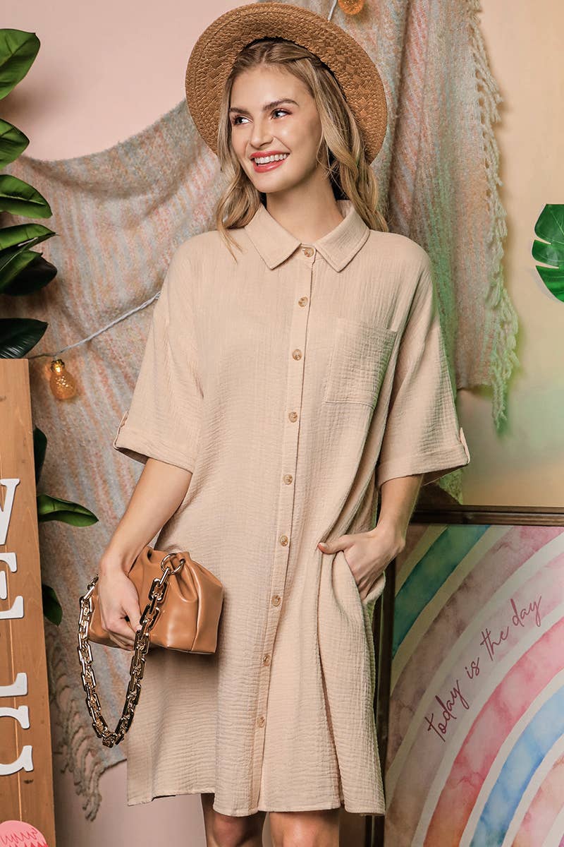 CWDSD10407_SHORT SLEEVE BUTTON DOWN MINI SHIRTS DRESS