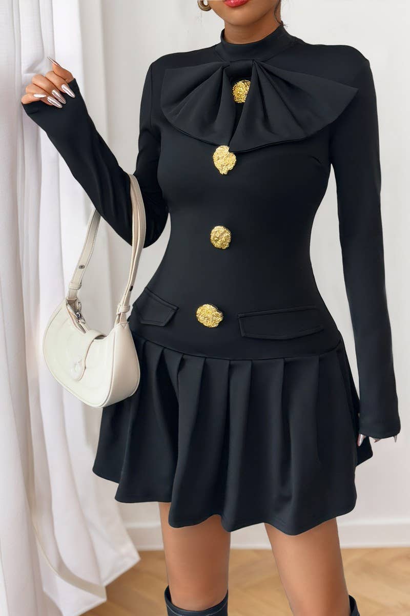 CWDSD8735_BOW BUTTON MOCK NECK LONG SLEEVE FALL DRESS