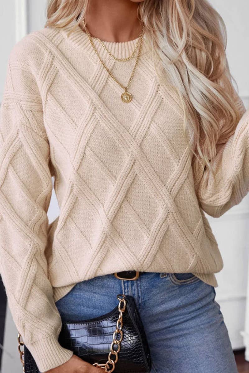 CWOSWL5128_WINTER CREW NECK LONG SLEEVE DIAMOND SWEATER