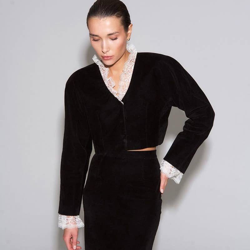 DEEP V LACE PATCHWORK CROP TOP SPLIT SKIRT SET