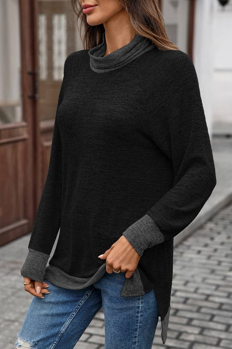 CWTBLL01308_COLORBLOCK SCARF NECK LONG SLEEVE CASUAL TOP