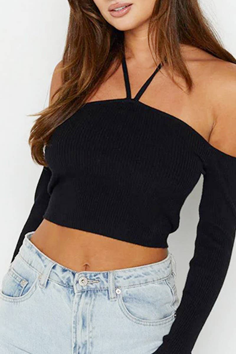 CWTHT0198_OFF THE SHOULDER HALTERNECK LONG SLEEVED TOP