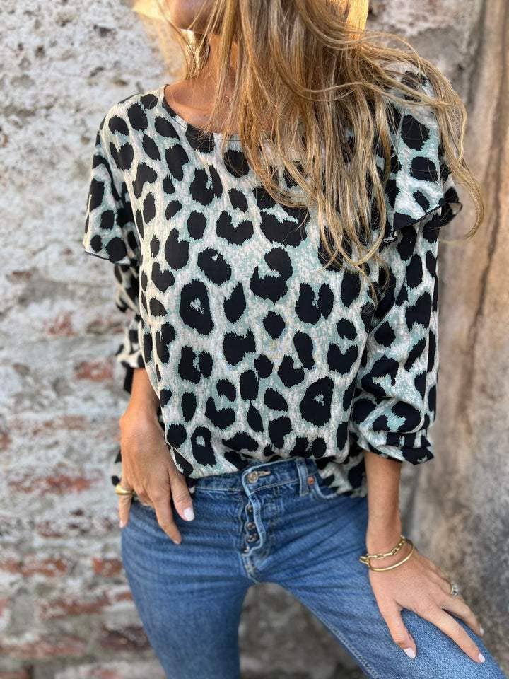 CHIFFON LEOPARD PRINT LONG-SLEEVED LOOSE T-SHIRT