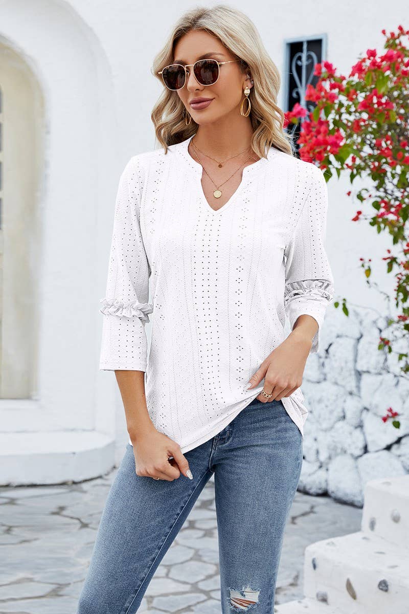 CWTTS0763_3/4 Sleeve Ruffle Detailed V-Neck  Blouse
