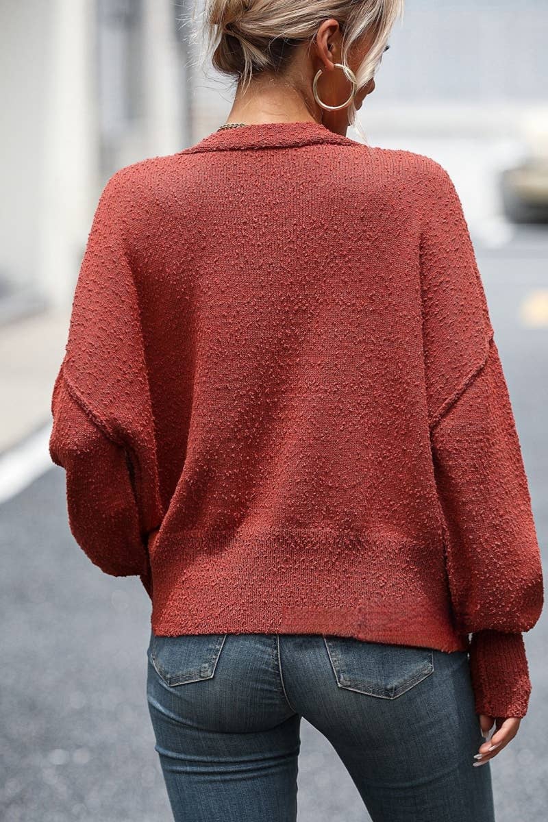 CWOCAL371 Button Down Long Sleeve V-Neck Cardigan Sweater