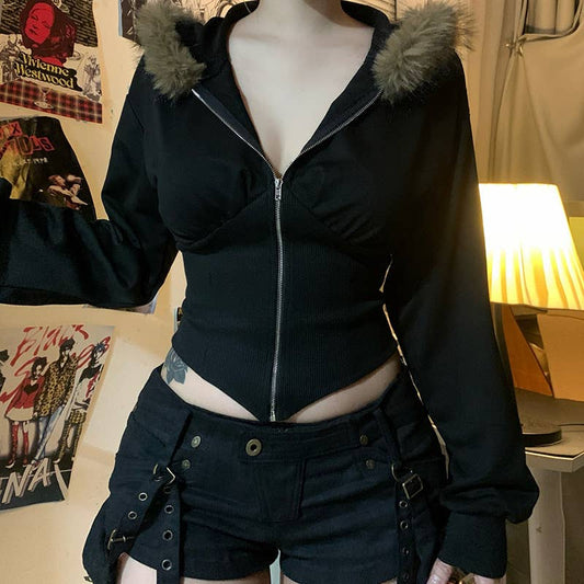 Woolen collar,cinched waist,hooded zipper jacket