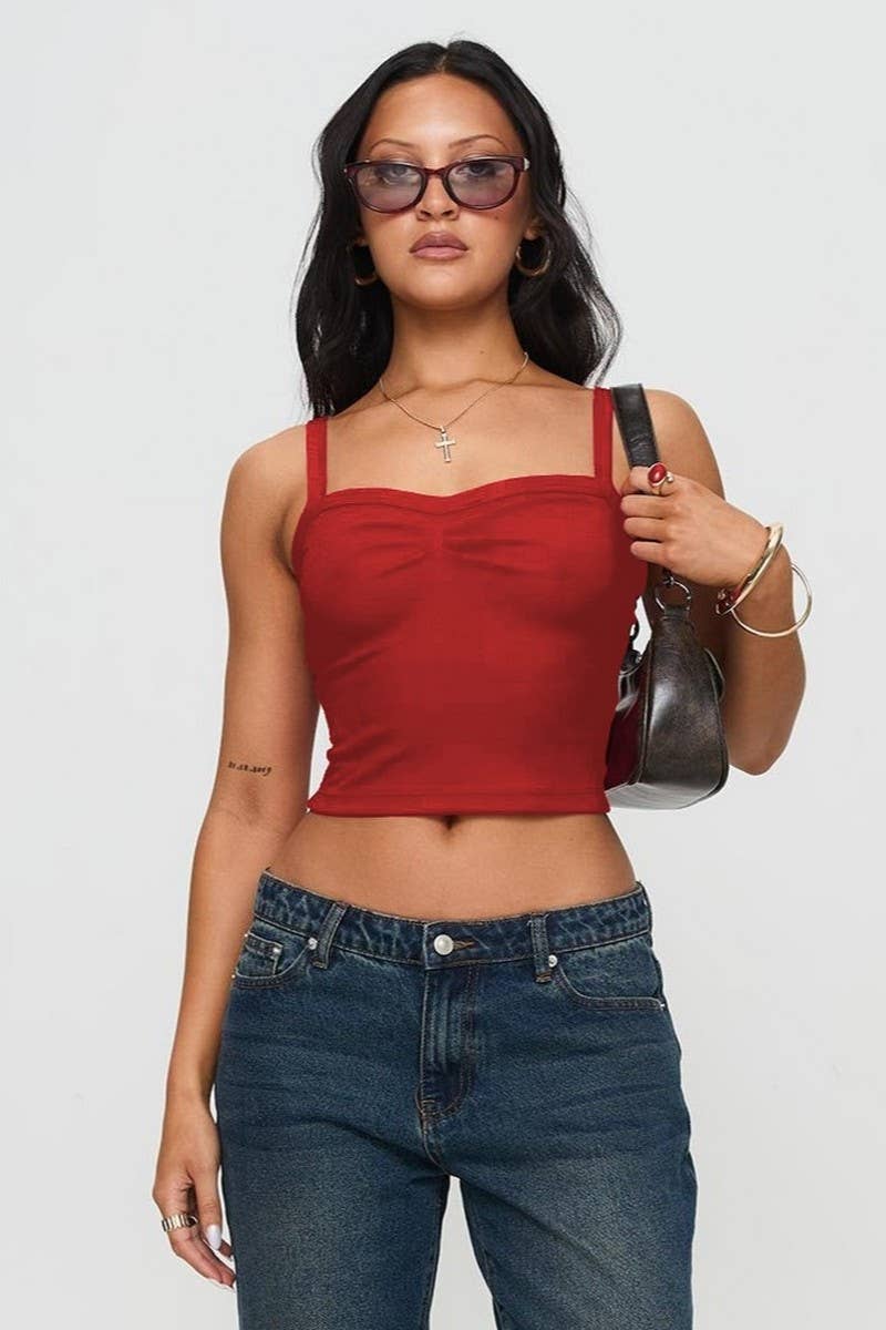 CWTTK1196_SOLID PLEATED CROPPED SLIM Y2K TANK TOP