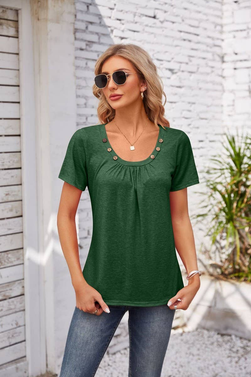 CWTTS00718_SUMMER NEW SHORT-SLEEVED T-SHIRT BUTTON U-NECK TO