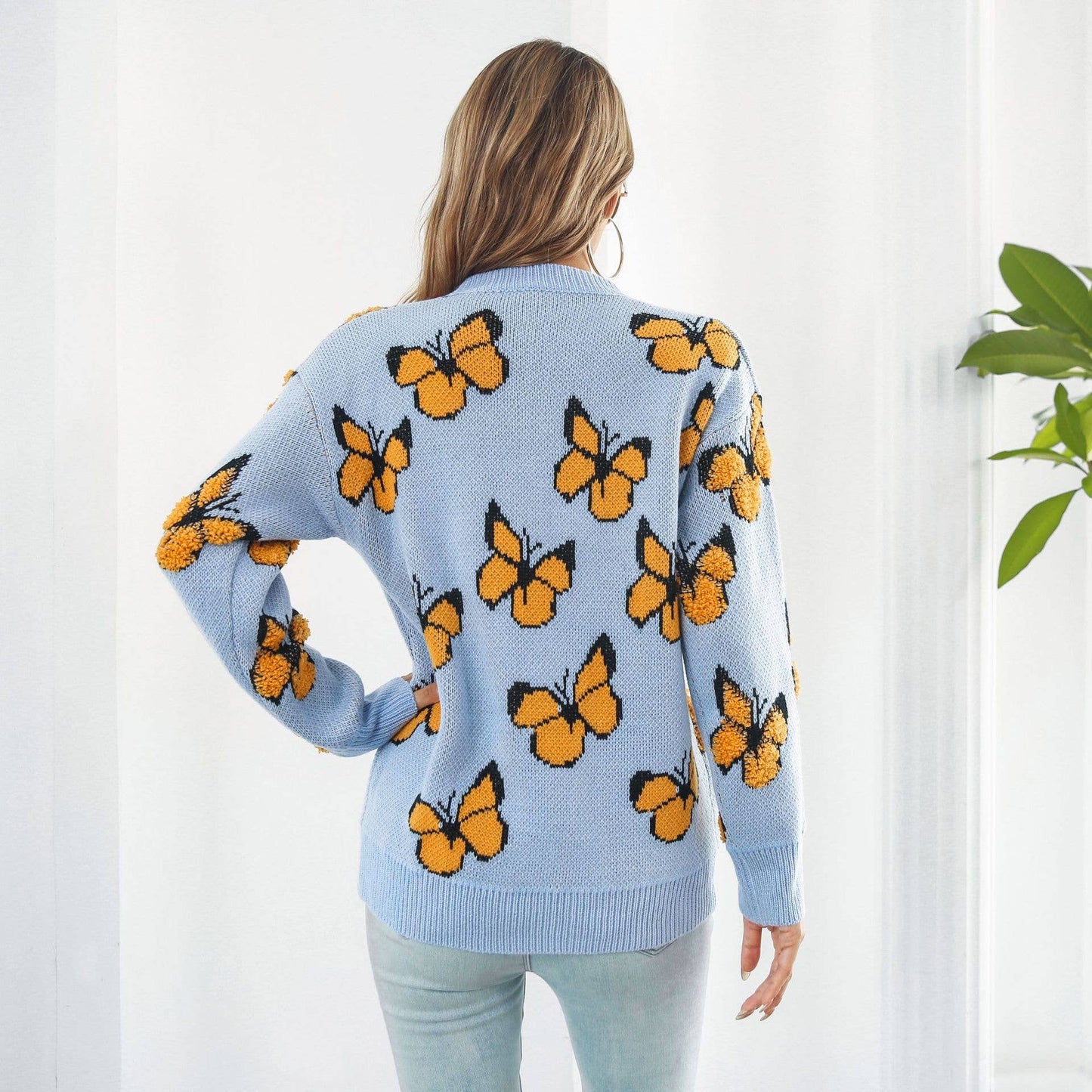 BUTTERFLY SWEATER WITH LOOSE CREW NECK PULLOVER