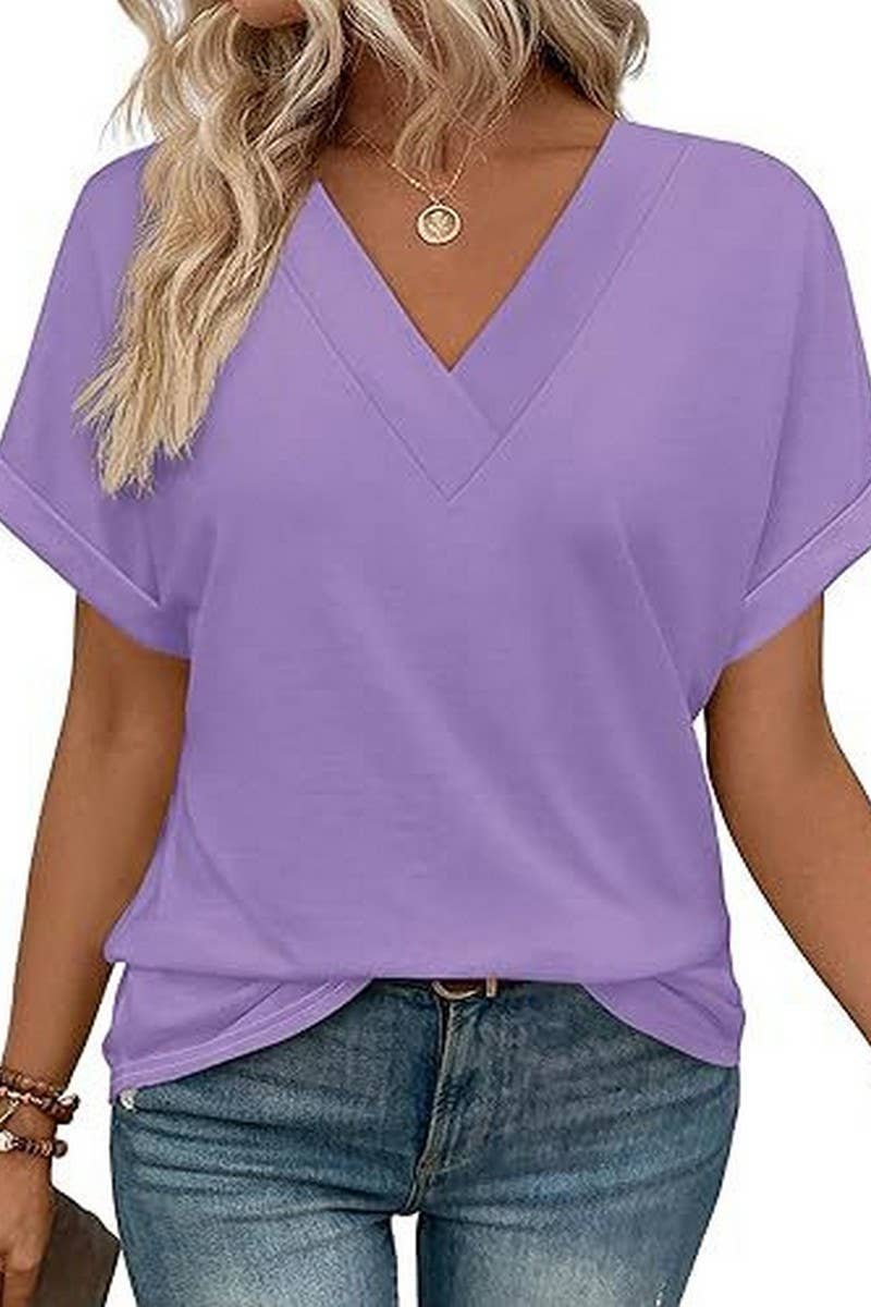 CWTBLS2191_SOLID V-NECK LOOSE BATWING SLEEVE CROP TEE