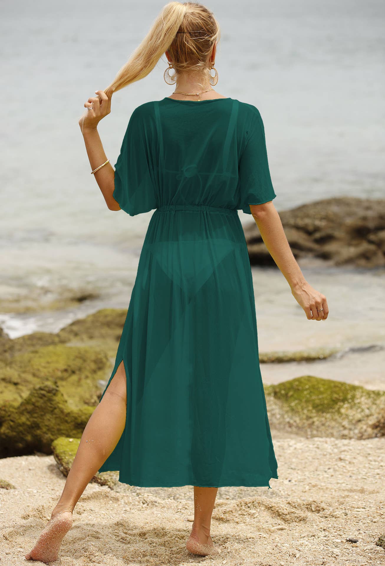 Drawstring waist split mesh bikini cover-up