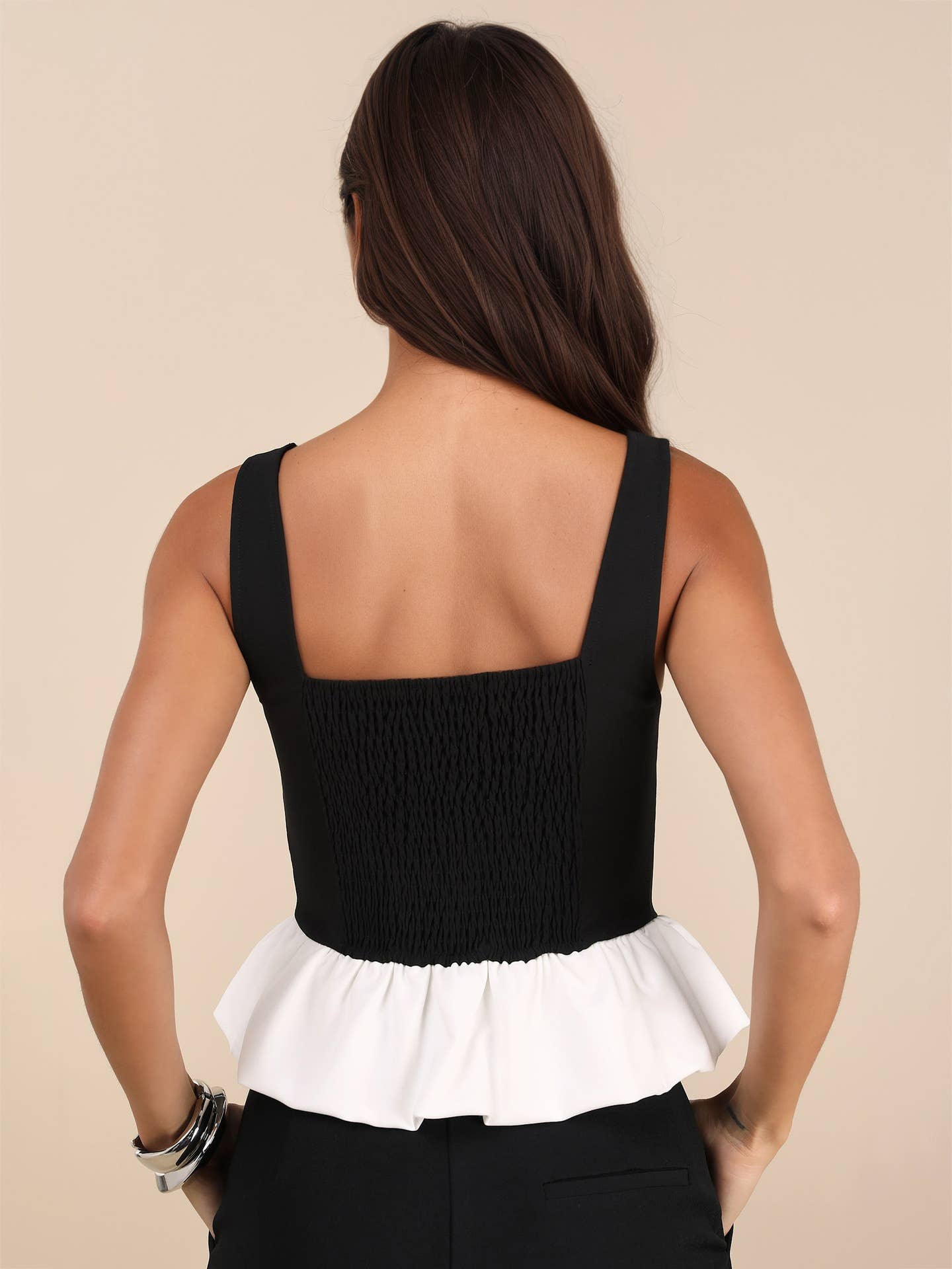 Color-blocking spliced cable top with halter top