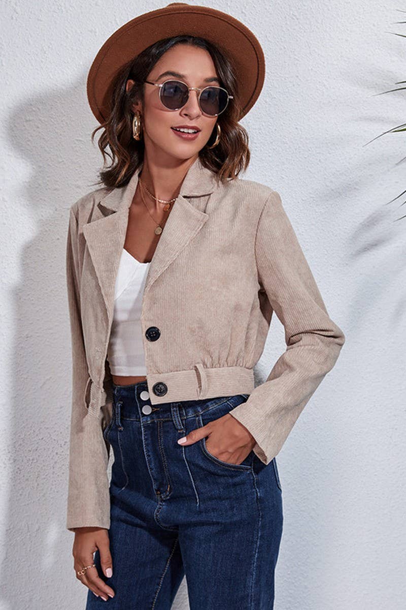 CWOCO0441_SOLID COLOR LAPEL COLLAR BELT SHORT COAT