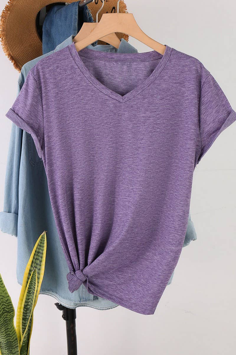CWTTS1544_V-NECK FASHION SIMPLE SOLID COLOR SHORT SLEEVES