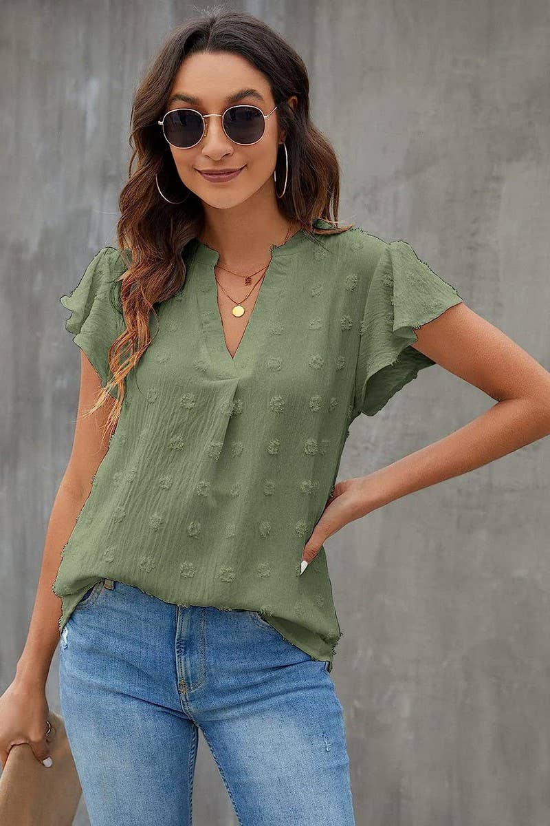 CWTBLS0606_V-NECK RUFFLED SLEEVE CHIFFON SHORT-SLEEVED TOP