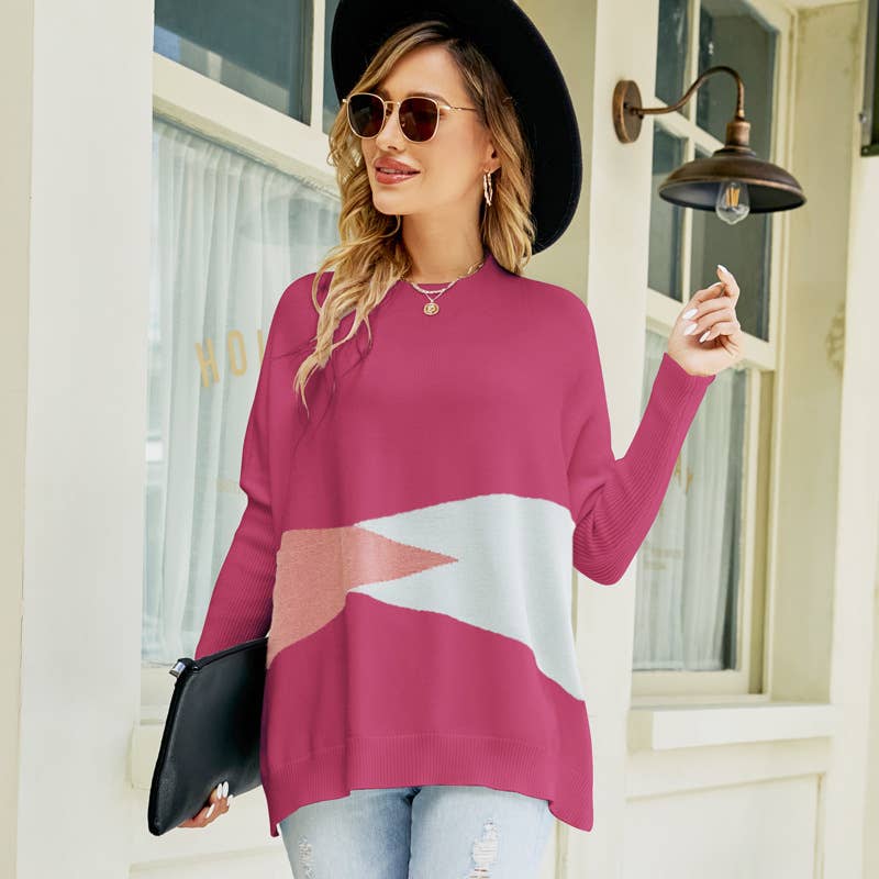 Color contrast baggy bat cuff pullover sweater
