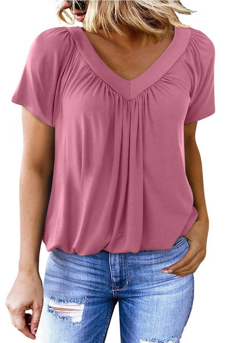 CWTBLS1820_SUMMER NEW V-NECK PLEATED LOOSE T-SHIRT