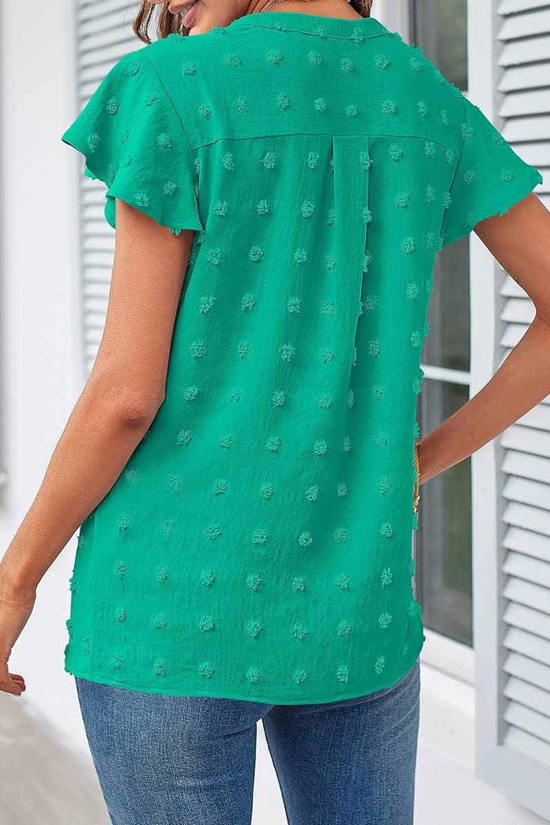 CWTBLS0606_V-NECK RUFFLED SLEEVE CHIFFON SHORT-SLEEVED TOP