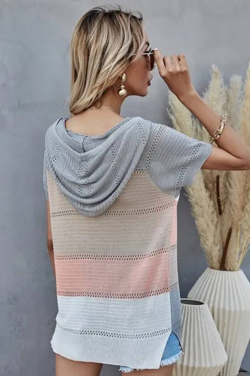 CWTTS1304_SPRING AND SUMMER STRIPED HOODED T-SHIRT