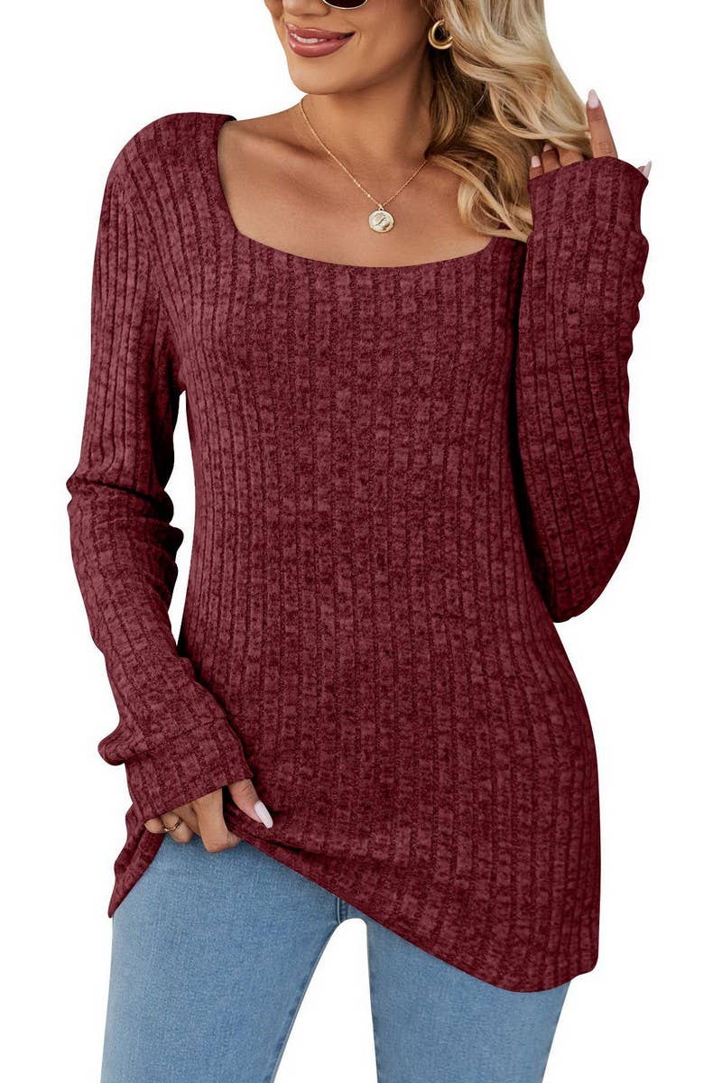 CWTBLL3197_SQUARE NECK RIBBED BRUSHED CASUAL LONG SLEEVE TOP