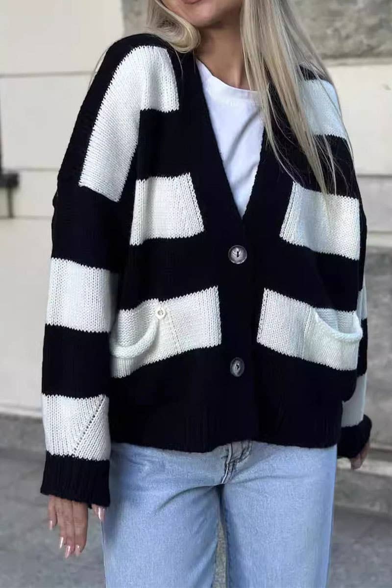 Color contrast striped loose sweater cardigan