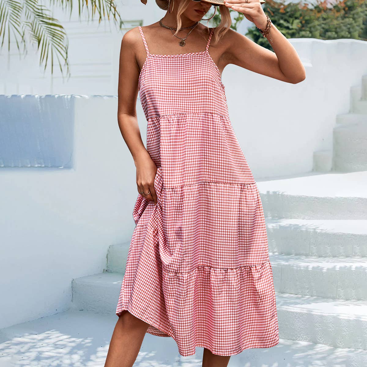 Classic plaid halter long dress