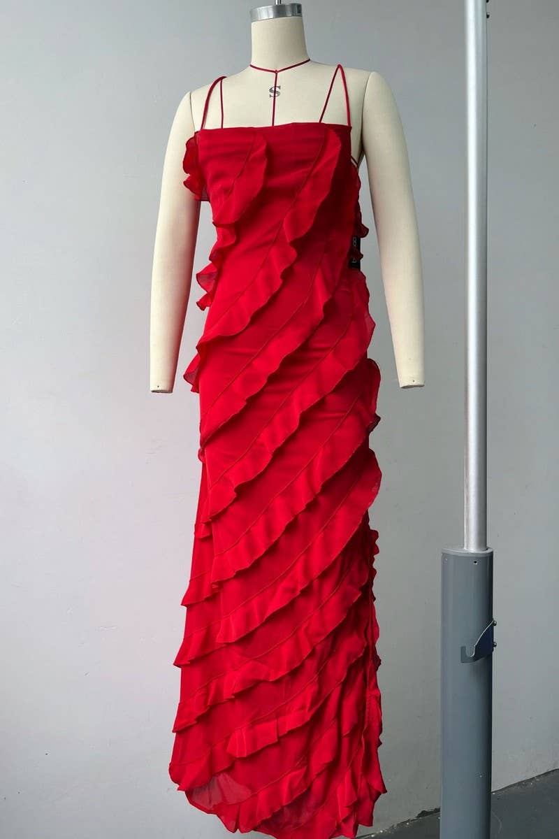 CWDHL0954_SOPHISTICATED SLIT RUFFLE EVENING DRESS