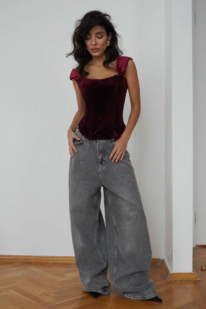 CWTTK0702_VELVET HERRINGBONE ZIP-UP WAIST CAMISOLE TOP