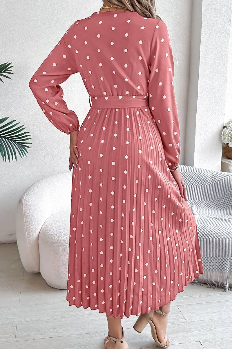 CWDMD3946_FALL V-NECK POLKA-DOT PLEATED LACE-UP DRESS