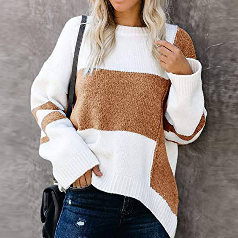COLOR PATCHWORK CREW NECK PULLOVER SWEATER